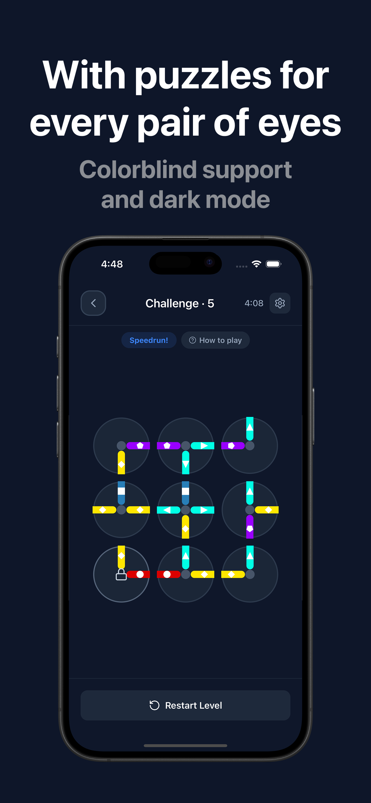 Four Turns with colorblind support and dark mode enabled