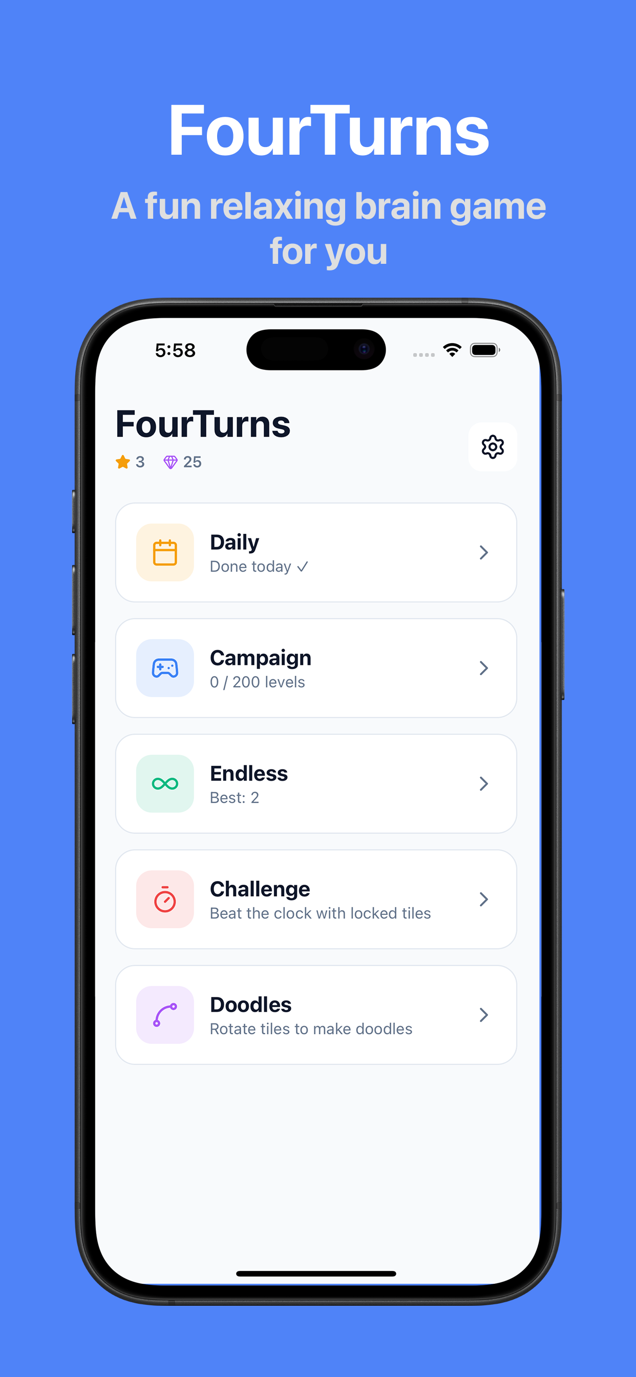 Four Turns home screen showing Daily, Campaign, Endless, Challenge and Doodles modes